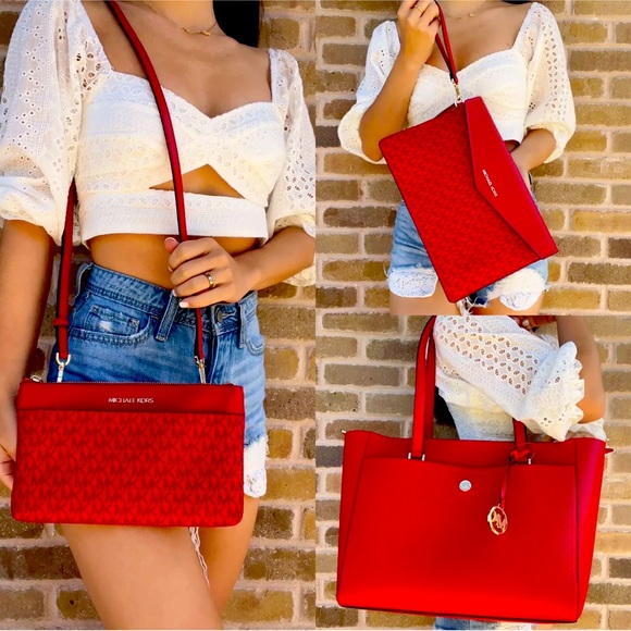 Michael Kors Maisie 3 in 1 Tote Large Leather Bag Flame Red - Picture 1 of 13